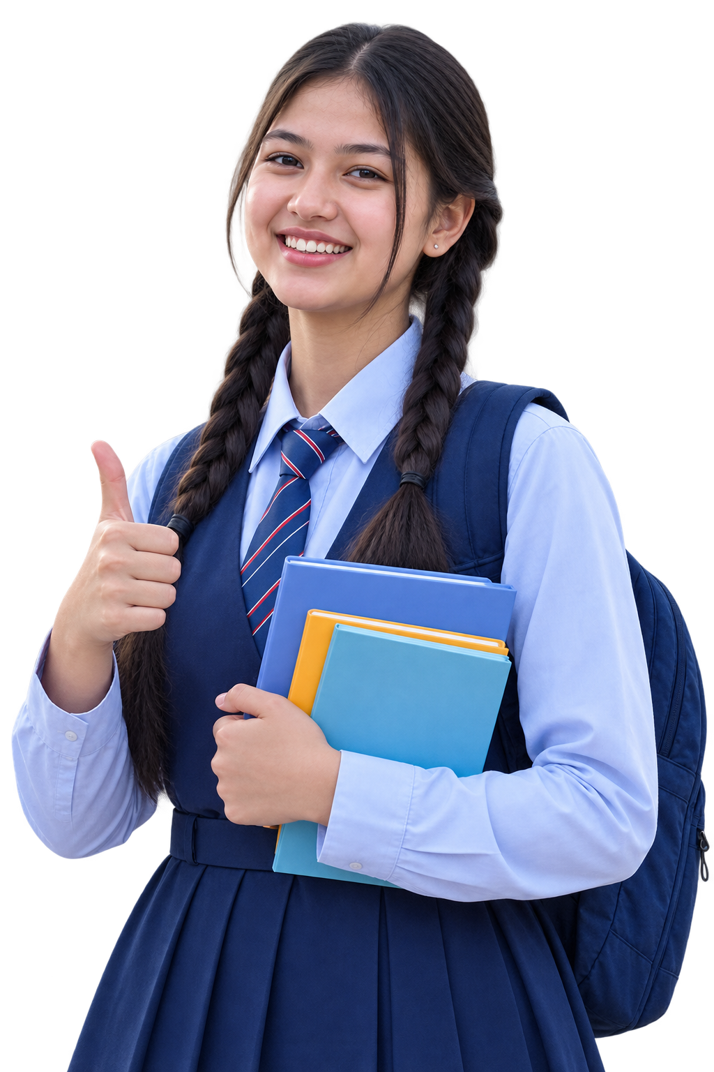Student holding books and giving a thumbs up